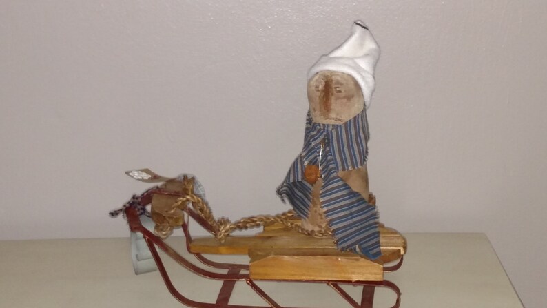 Primitive handmade 7 snowman stump doll andor 11 sled