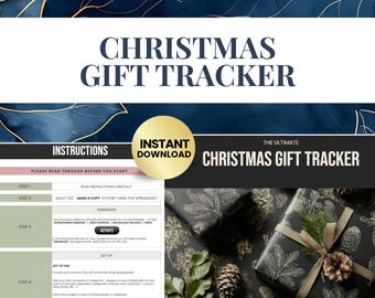 Puede incluir: Un rastreador de regalos de Navidad digital con instrucciones y una opción de descarga instantánea. El diseño presenta una combinación de colores azul marino y dorado con el texto "Christmas Gift Tracker". La imagen también incluye regalos envueltos.