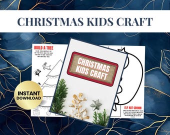 Op de afbeelding: Een "Christmas Kids Craft" print met de tekst "Christmas Kids Craft" in een rode en jute lijst. De afbeelding bevat een gouden cirkel met "Instant Download" en kleurplaten voor een kerstboom en een elfenmuts.