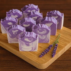 Puede incluir: Un conjunto de jabones artesanales con aroma a lavanda y diseño veteado, expuestos sobre una tabla de madera. Los jabones son de color morado y blanco, con la parte superior ondulada. Dos ramitas de lavanda adornan la tabla.