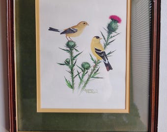Vintage Sherm Pehrson Goldfinch Bird Print Framed Wildlife Art Nature Wall Decor Thistle Songbird Picture 14x12