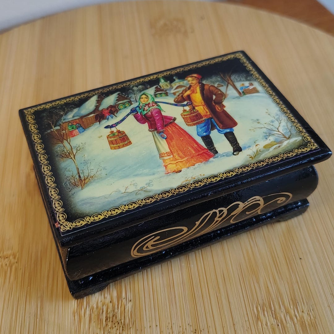 Russian Lacquer Trinket Box Hand Painted Jewelry Box Winter Village