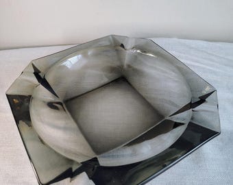 Vintage Mid Century Modern Smoked Glass Ashtray, Large 8 Inch Square Geometric Glass Catchall Tray, MCM Coffee Table Decor, Retro Tobacciana