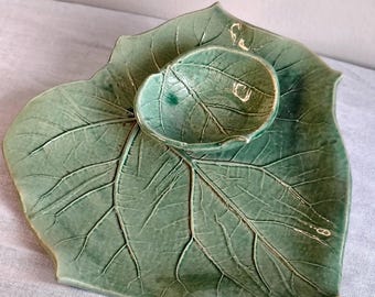 Vintage Farm House Pottery Leaf Serving Platter w/ Attached Dip Bowl, Handcrafted Studio Pottery Celadon Green Dish, Botanical Serve Ware