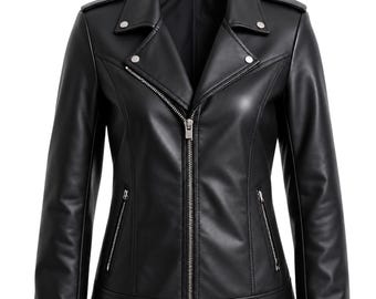Giacca da motociclista da donna in vera pelle nera - Cappotto da motociclista slim fit in montone