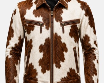 Chaqueta de cuero de vaca 100% genuino con pelo para hombre / Estilo western hecha a mano con cremallera en el pecho y los laterales.