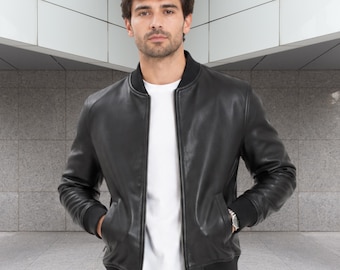 Schwarze Echtleder Bomberjacke für Herren, Slim Fit Biker Style, handgefertigte Handwerkskunst