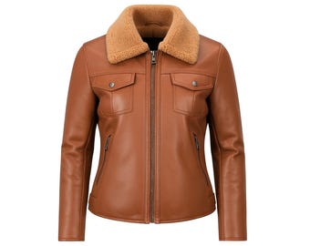 Chaqueta de piel de oveja auténtica para mujer con cuello de piel de oveja / Chaqueta bomber de aviador marrón de invierno