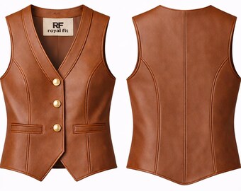 Women Brown Genuine Leather Vest, Tailored V Neck Waistcoat, Slim Buttoned Spring Top