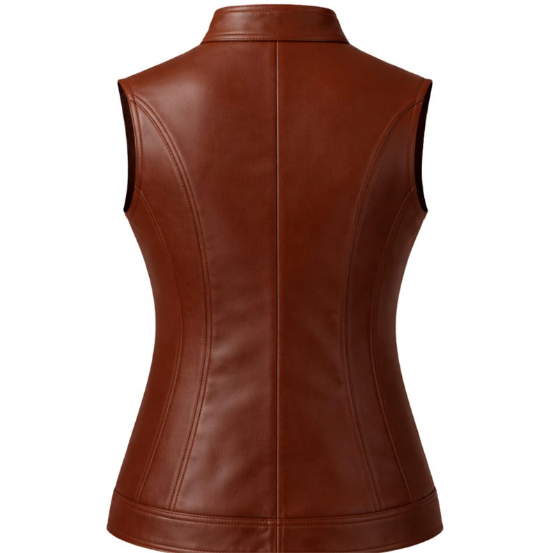 Pu&ograve; includere: Un gilet in pelle marrone con collo e vestibilit&agrave; su misura. Il gilet presenta cuciture verticali sulla schiena e cuciture curve che accentuano la vita. Il design senza maniche e il colore ricco suggeriscono un capo classico e versatile.