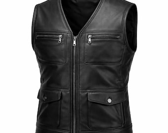 Chaleco de motociclista de piel de oveja auténtica para hombre, chaqueta de moto negra sin mangas