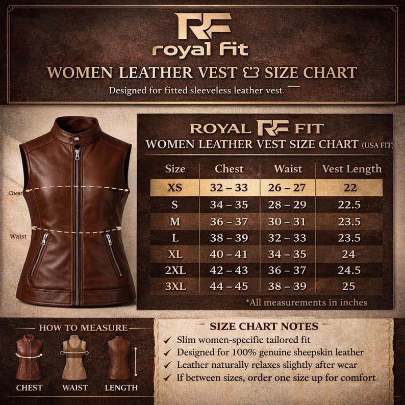 Pu&ograve; includere: Un gilet in pelle marrone con chiusura a zip e due tasche frontali. L'immagine include una tabella delle taglie con misure in pollici per petto, vita e lunghezza del gilet. Il gilet &egrave; progettato per una vestibilit&agrave; slim.