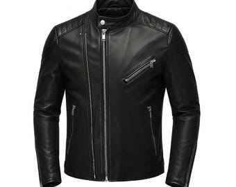 Chaqueta de motociclista de piel de oveja negra para hombre - Chaqueta de motociclista de corte entallado