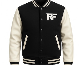 Chaqueta universitaria de lana / Mangas de cuero blanco y negro, RF bordada