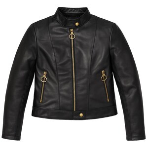 May include: A black leather jacket with a stand-up collar and gold-colored zippers. The jacket has a fitted silhouette, with a zipper closure down the front and two zippered pockets. The jacket has a button closure at the waist and on the collar.