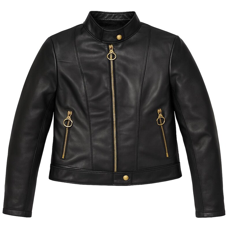 May include: A black leather jacket with a stand-up collar and gold-colored zippers. The jacket has a fitted silhouette, with a zipper closure down the front and two zippered pockets. The jacket has a button closure at the waist and on the collar.