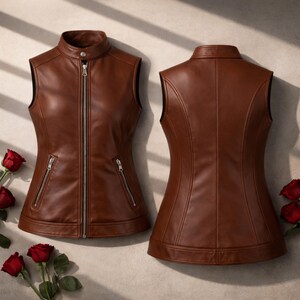 Pu&ograve; includere: Un gilet in pelle marrone con collo alto e cerniera a tutta lunghezza. Il gilet ha due tasche con cerniera ed &egrave; mostrato dalla parte anteriore e posteriore. Rose rosse in primo piano.