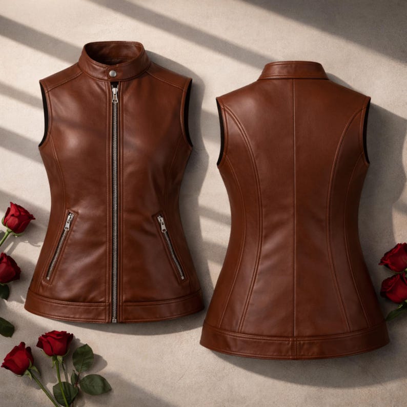 Pu&ograve; includere: Un gilet in pelle marrone con collo alto e cerniera a tutta lunghezza. Il gilet ha due tasche con cerniera ed &egrave; mostrato dalla parte anteriore e posteriore. Rose rosse in primo piano.