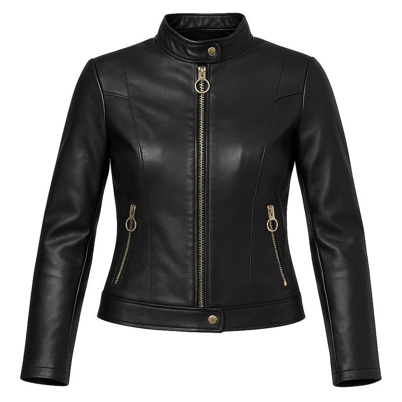 May include: A black leather jacket with a stand-up collar and gold-colored zippers. The jacket has a tailored fit, with a zipper closure down the front and two zippered pockets. The jacket is a classic style, suitable for various occasions.
