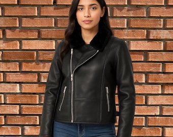 Women's Genuine Sheep Leather Biker Jacket with Faux Fur Collar