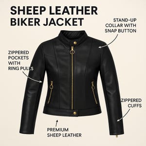 May include: Black sheep leather biker jacket with gold-tone zippers and hardware. Features include a stand-up collar with a snap button, zippered pockets with ring pulls, and zippered cuffs. The jacket is made of premium sheep leather.