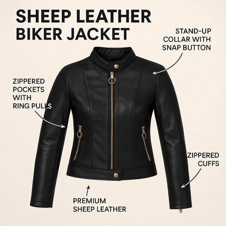 May include: Black sheep leather biker jacket with gold-tone zippers and hardware. Features include a stand-up collar with a snap button, zippered pockets with ring pulls, and zippered cuffs. The jacket is made of premium sheep leather.
