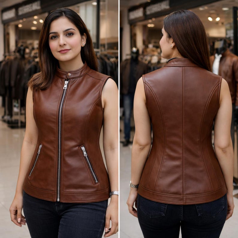 Pu&ograve; includere: Un gilet in pelle marrone con collo alto e chiusura con cerniera argentata. Il gilet ha due tasche con cerniera e una vestibilit&agrave; su misura. L'immagine mostra la parte anteriore e posteriore del gilet.