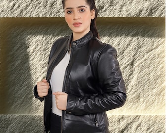 Black Genuine Leather Biker Moto Jacket Women – Slim Fit Winter Coat