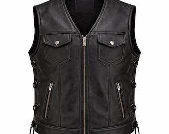 Chaleco de cuero genuino para hombre, ligero, estilo motero, sin mangas, color negro, para verano