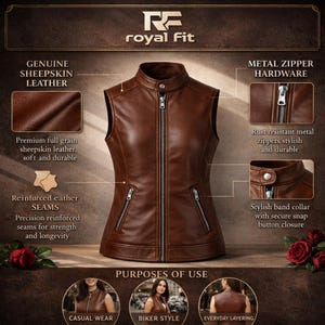 Pu&ograve; includere: Un gilet in pelle marrone con collo alto e cerniera in metallo. Il gilet presenta due tasche con cerniera e cuciture rinforzate. L'immagine include il testo "Royal Fit" e "Genuine Sheepskin Leather".