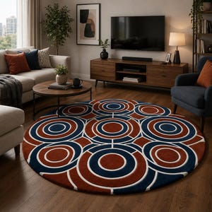 Modern Geometric Circle Pattern, Hand Tufted Wool Rug, Navy Rust Area Rug Living Room bedroom and office decor
