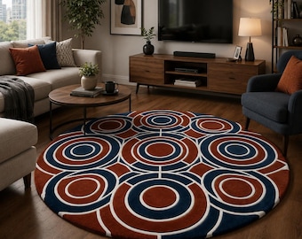Tappeto in lana trapuntato a mano con motivo geometrico a cerchi, colore blu navy/ruggine, ideale per soggiorno, camera da letto e ufficio.