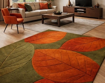 Custom Autumn Leaf Hand Tufted Rug,8x10 /9x12 Olive Green Orange Botanical Modern Living Room Rug