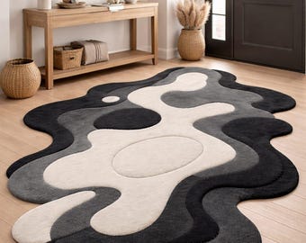 Alfombra irregular de lana de Nueva Zelanda tejida a mano, alfombra moderna abstracta ondulada personalizada, para sala de estar.