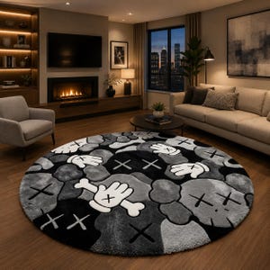 Black and white round tufted street art inspired rug in modern living room