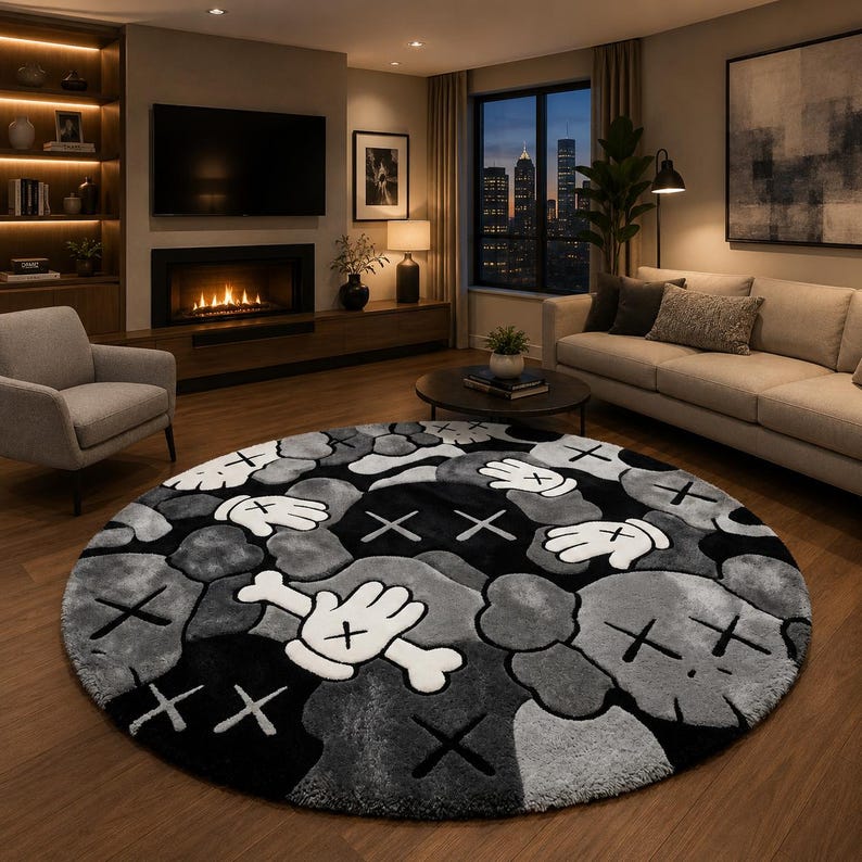 Black and white round tufted street art inspired rug in modern living room