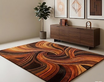 Hand Tufted New Zealand Wool Rug, Abstract Burnt Orange Brown Black Modern Decor