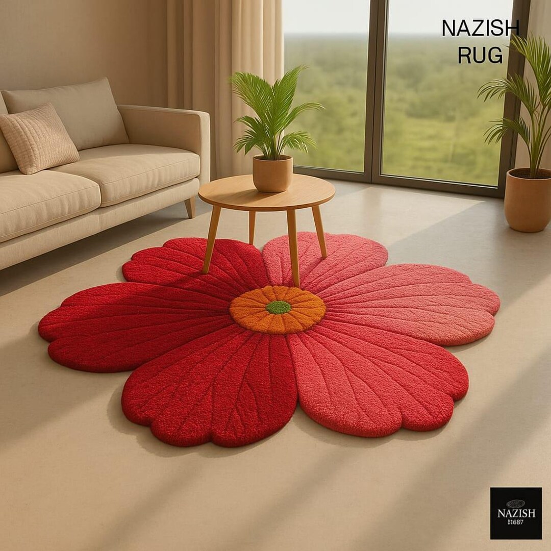 Flower Shaped Rug for Living Room – Hand Tufted Pink Red Daisy Carpet ...