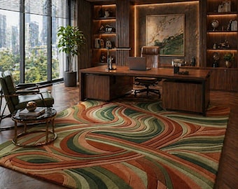 Custom Hand tufted Handmade Abstract Wool Rug, Earth Tone Green Rust Beige Carpet, Luxury Living Room and bedroom Rug