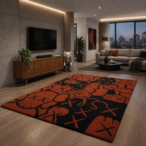 Unique statement rug with bold graphic design placed in a contemporary workspace.