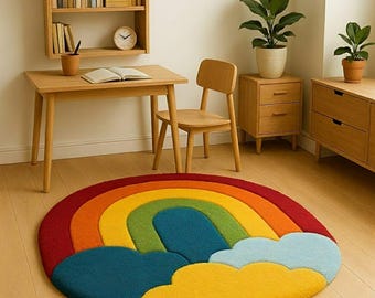 5×5ft Rainbow Rug Kids | Colorful Nursery Rug Hand Tufted Playroom Living room