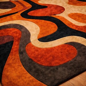 mid century retro rug in living room with wooden furniture