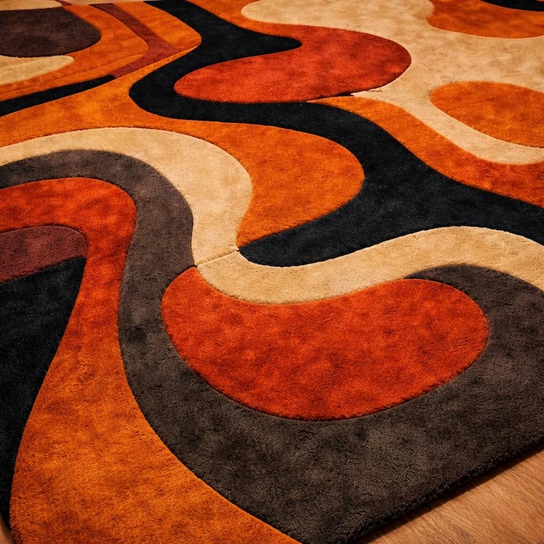 mid century retro rug in living room with wooden furniture