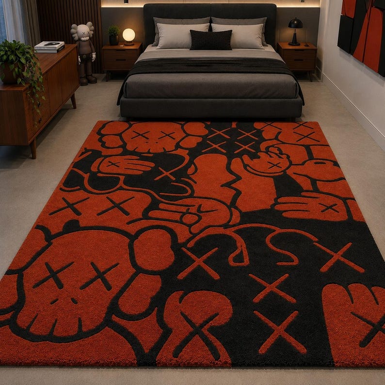 Large street art style tufted area rug featuring crossed-eye character design.