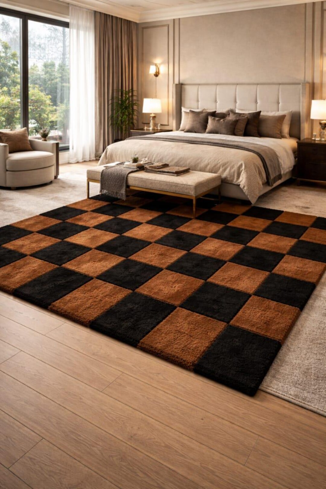Faded Checkerboard Rug 12x15ft Brown & Black Checkerboard Hand Tufted Modern Rug, Retro ...