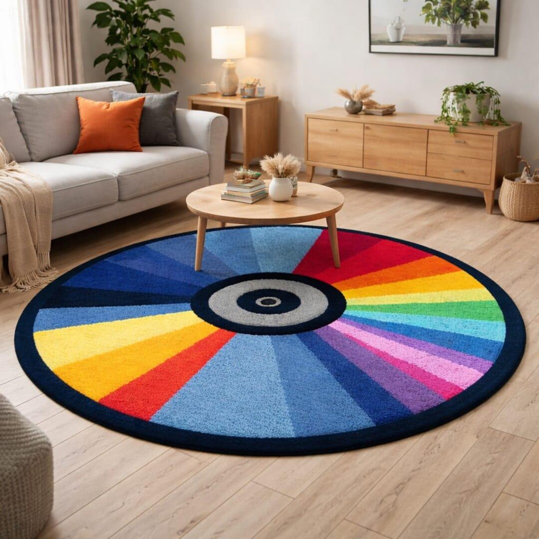 5x5ft Rainbow CD Round Rug | Hand Tufted Modern Area Rug | Colorful ...