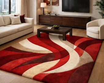 8×10ft Red Beige Modern Abstract Rug Hand Tufted Contemporary Living Room Carpet,