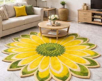 6x6ft Large Sunflower Tufted Rug Yellow Green Flower Rug Handmade Floral Living Room Decor