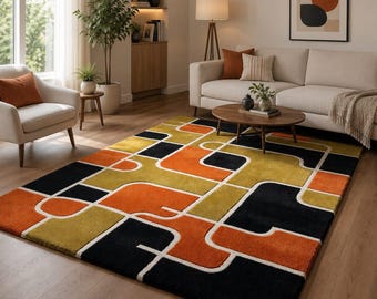 Custom Hand Tufted Rug Modern Geometric Color mustard gold, burnt orange and deep black Carpet,  Living Room bedroom and office Rug
