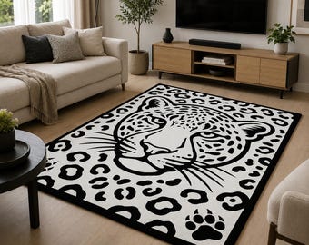 8x10ft Hand Tufted Rug, New Zealand Wool, Black and White Leopard Carpet Living Room